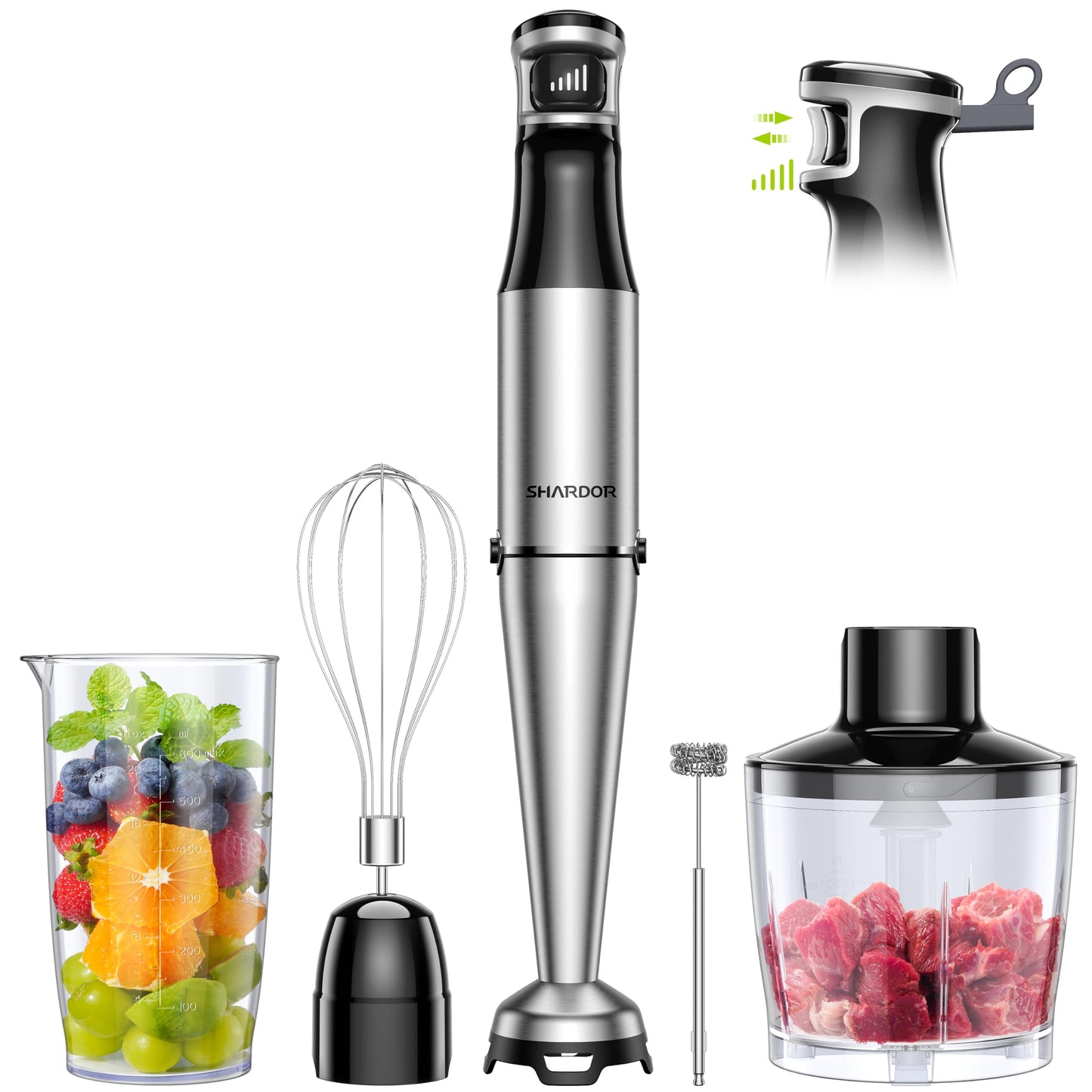 SHARDOR Hand Blender, Soft Start Variable Speed 5 In 1 Stick Blenders For Kitchen 1100w Scratch Resistant Immersion Blender With Whisk, Milk Frother,