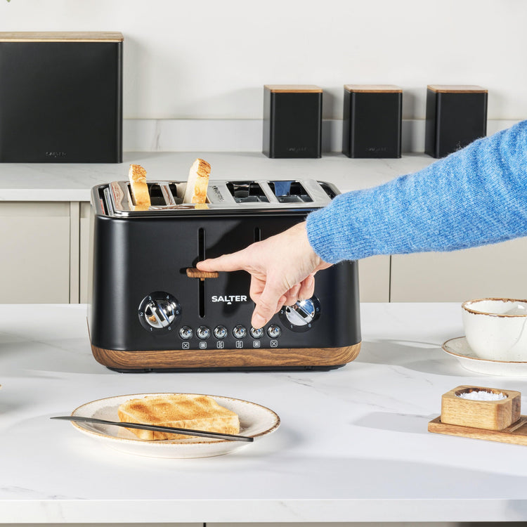 Salter EK5823BLK Toronto 4-Slice Toaster Wide Slots, 6 Browning Levels, Removable Crumb Tray, Defrost, Reheat, Cancel, Self-Centring Function,
