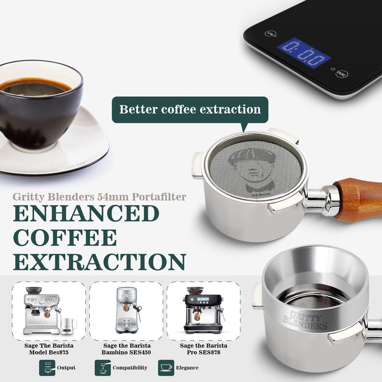 Gritty Blenders - Bottomless Coffee Portafilter 54mm with Compatible Puck Screen and Basket | Compatible with Sage Breville Barista Series 500-880,