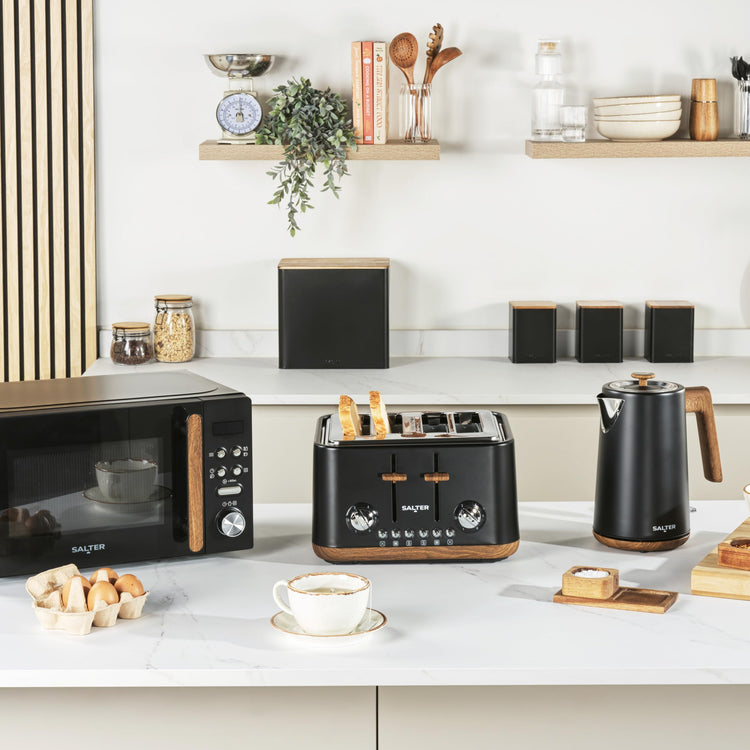 Salter EK5823BLK Toronto 4-Slice Toaster Wide Slots, 6 Browning Levels, Removable Crumb Tray, Defrost, Reheat, Cancel, Self-Centring Function,