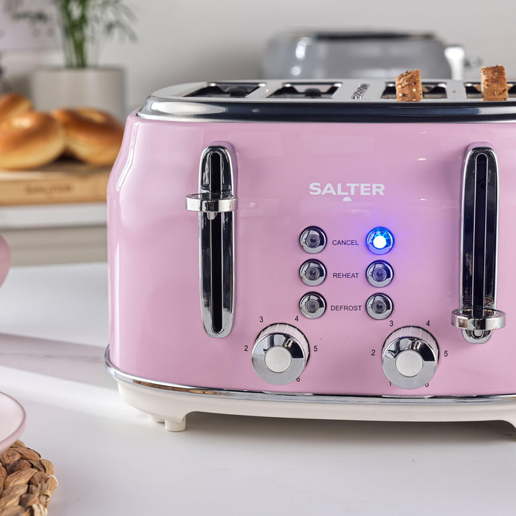 Salter Retro Pink 4-Slice Toaster Wide Slots, 6 Browning Levels, Defrost, Reheat, Cancel Functions, Removable Crumb Tray, Extra Thick Bread,