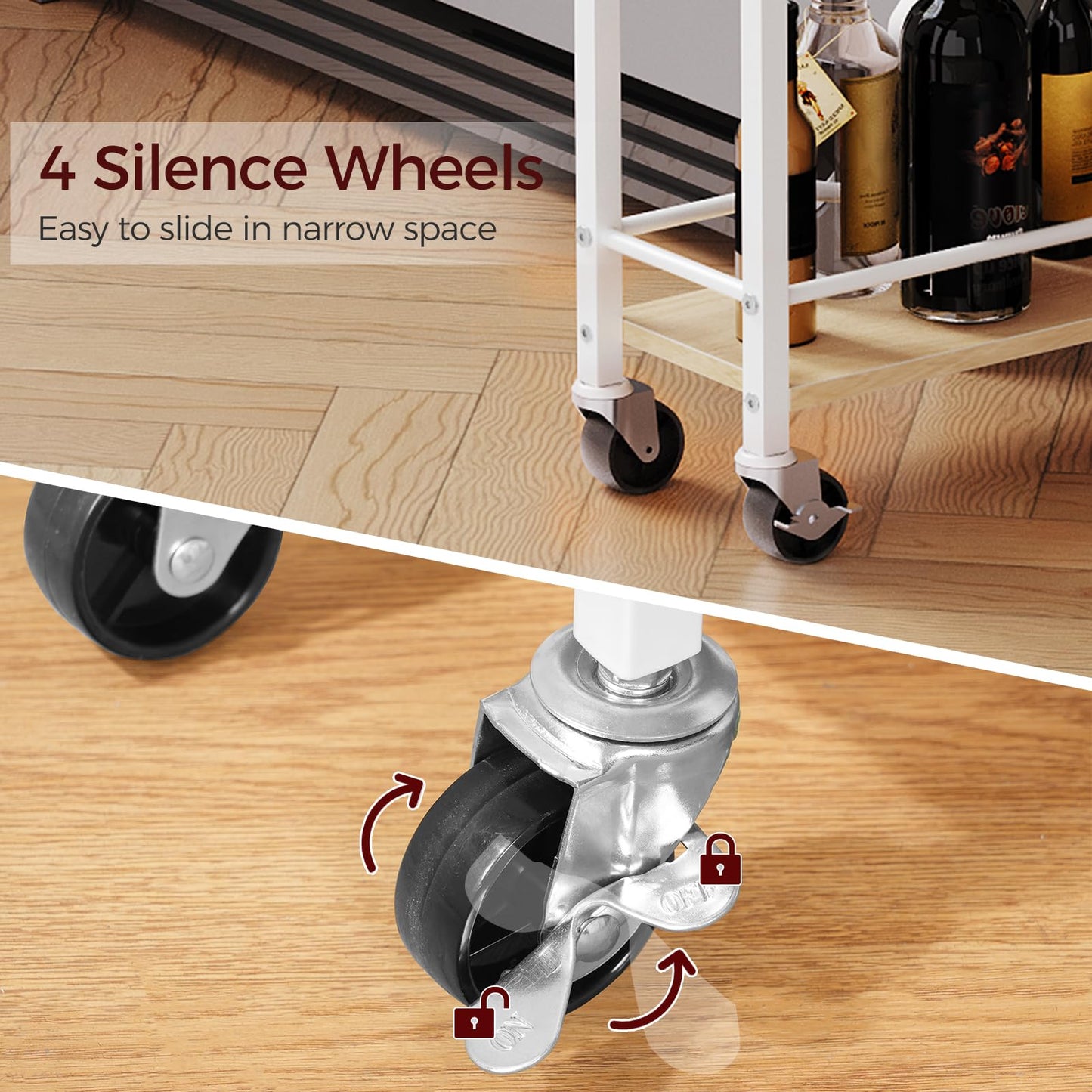 MAHANCRIS 3-Tier Slim Rolling Cart, Mobile Utility Cart on Wheels, Narrow Shelving Unit for Small Space, Wooden Kitchen Storage Rack, for Bathroom,