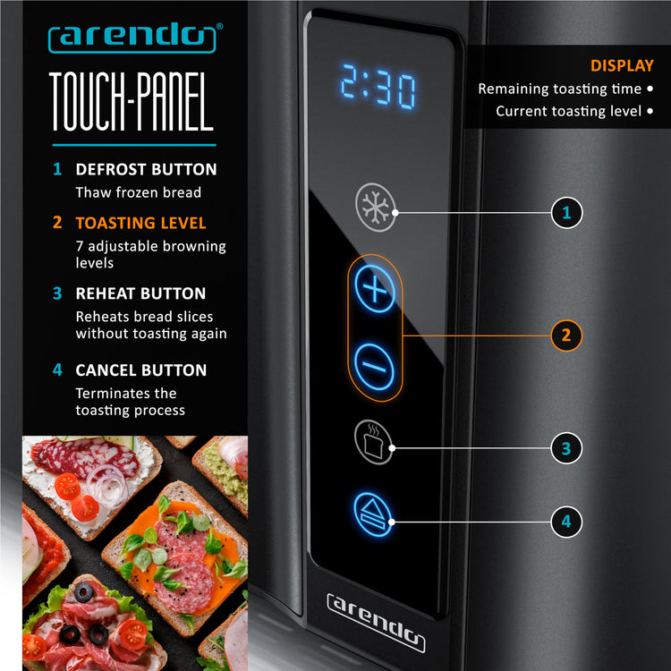 Arendo - 4 Slice Long Slot Toaster - Touch Panel - Remaining Time Display - Double Wall Housing with Warming Rack 7 Browning Settings Auto Bread