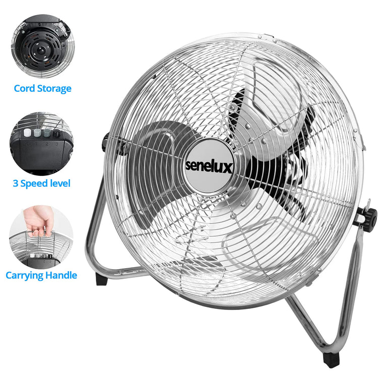 Senelux Floor Fan - Chrome Gym Fan - Electric Portable Cooling Fan for Home/Gym/Office Use - 3 Speed Settings with Tilting Feature - High Velocity