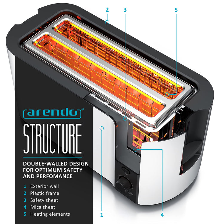 arendo - Frukost 4 slice long slot toaster - double wall housing with warming rack 6 browning settings auto bread centring reheat defrost