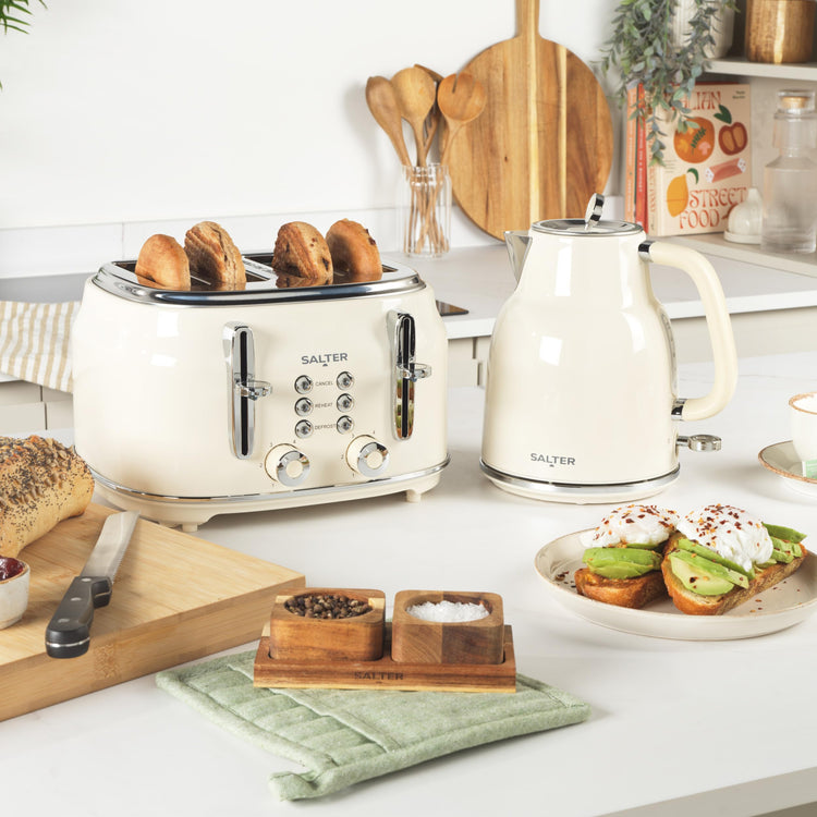 Salter Retro Kettle & Toaster Set 1.7L Fast Boil Kettle with Removable Limescale Filter, 4-Slice Wide Slot Toaster, Thick Bread, High Lift Eject,