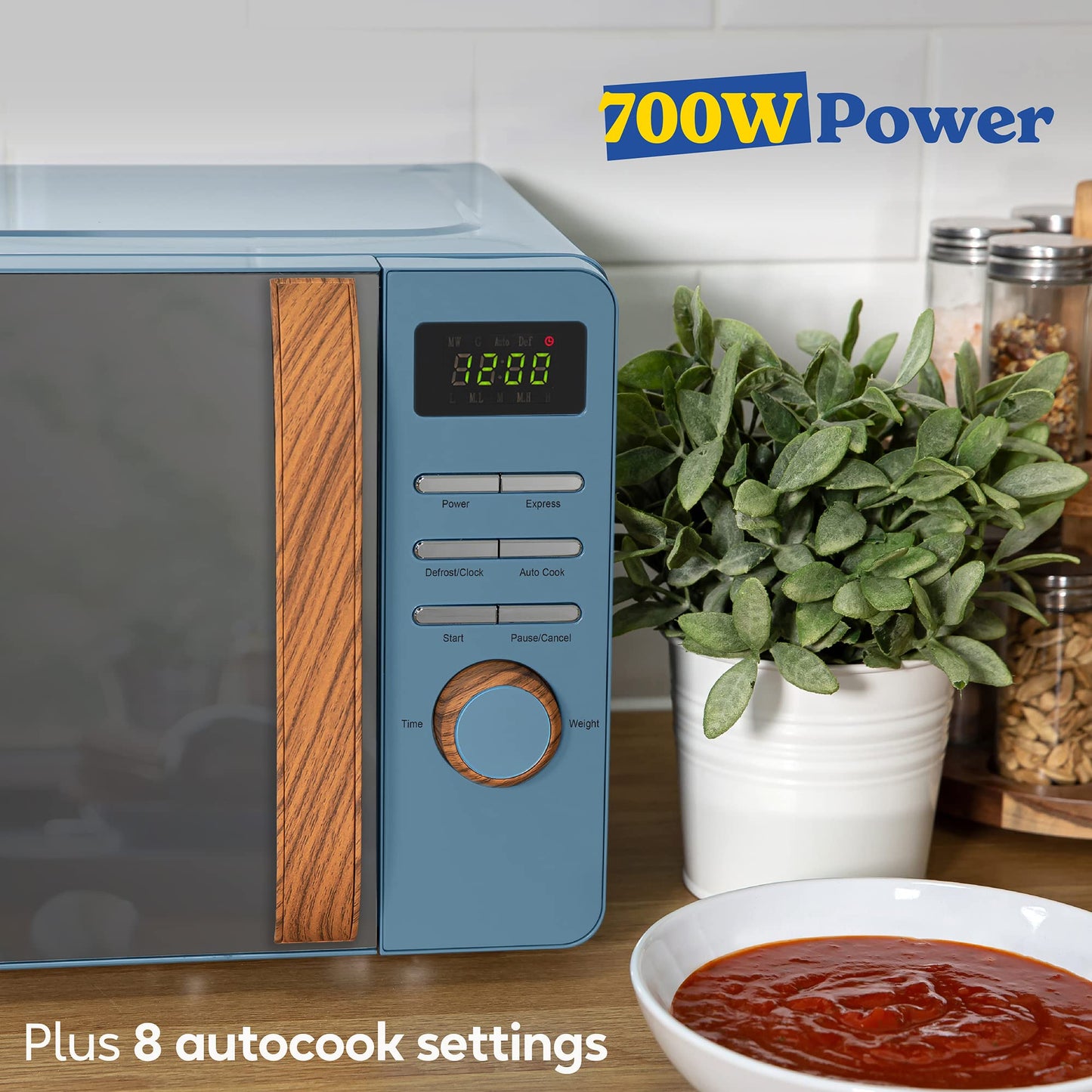 Russell Hobbs RHMD714BL 17 L 700 W Scandi Blue Digital Microwave with 5 Power Levels, Wood Effect Handle & Dials, Clock & Timer, Automatic Defrost,
