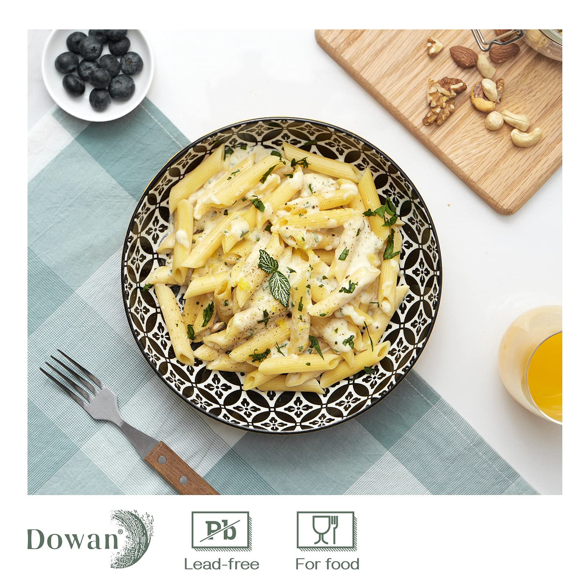 DOWAN Pasta Bowl Set of 4, Large Salad Bowls, 21.5 cm Porcelain Serving Plates, Soup Bowls, Wide and Shallow Ceramic Bowl for Kitchen, Pasta, Salad,