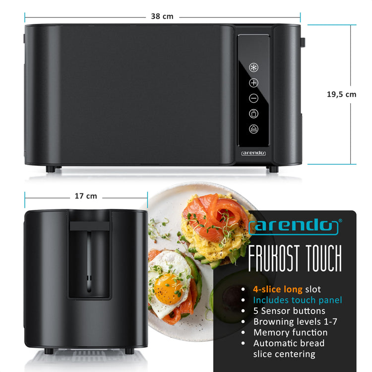 Arendo - 4 Slice Long Slot Toaster - Touch Panel - Remaining Time Display - Double Wall Housing with Warming Rack 7 Browning Settings Auto Bread