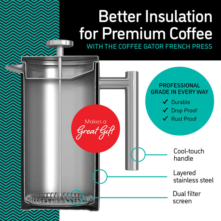 Coffee Gator Cafetiere - 1L French Press Coffee Maker with Jar - Large Capacity Double-Wall Insulated Stainless Steel Brewer - Hotter for