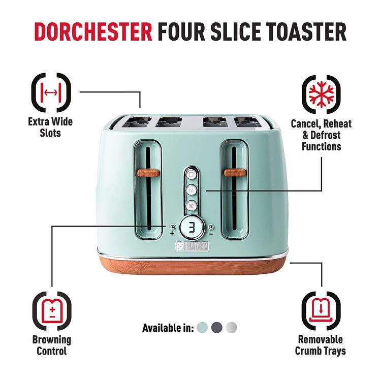 Haden Dorchester Toaster 4 Slice Stainless Steel Body - Modern LCD Display - 6 Browning Levels - Cancel/Defrost/Reheat - 1900-2300W Digital 4 Slice