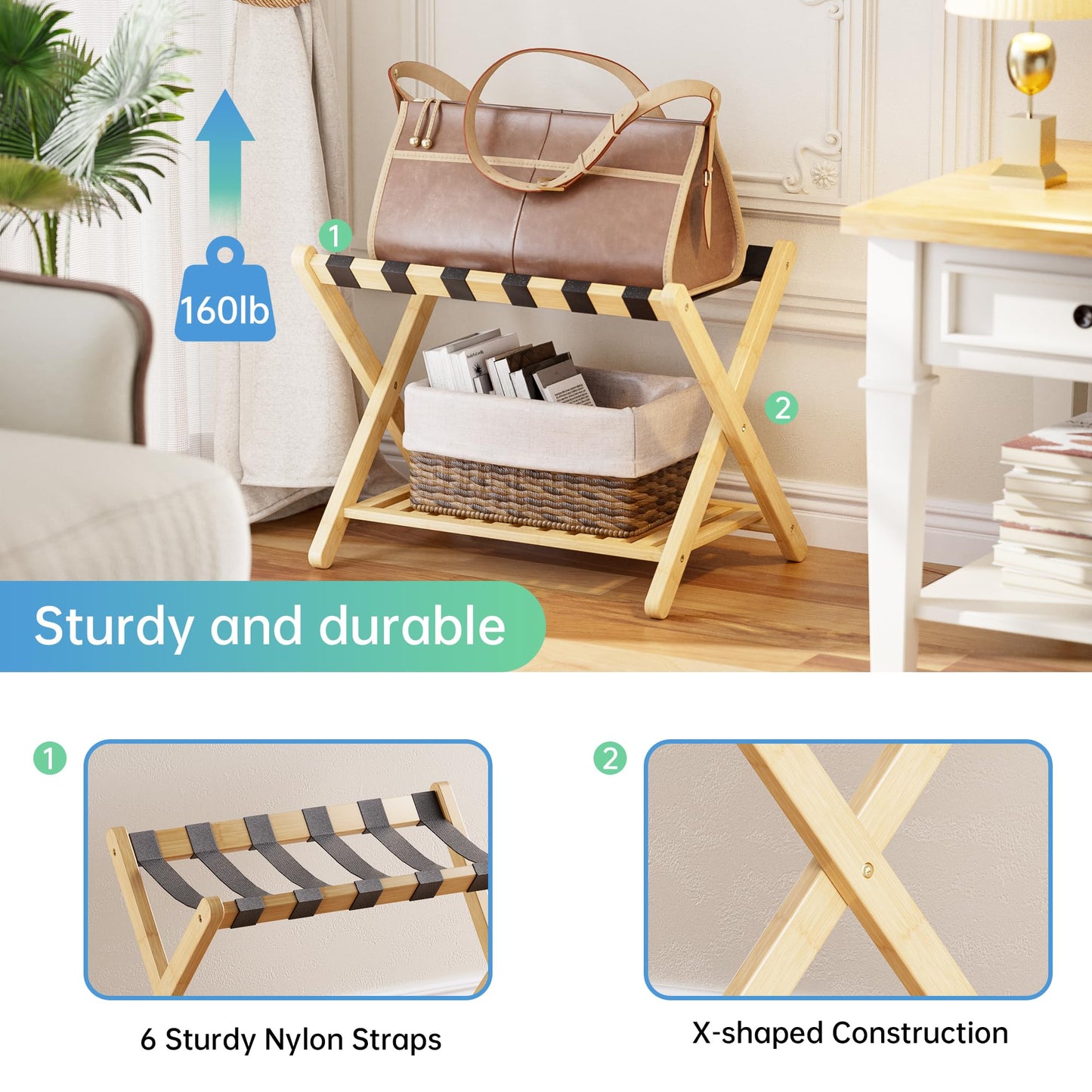 SMIBUY Luggage Rack, Foldable Bamboo Suitcase Stand with Storage Shelf for Guest Room, Bedroom, Hotel, Heavy-Duty (Nautral)