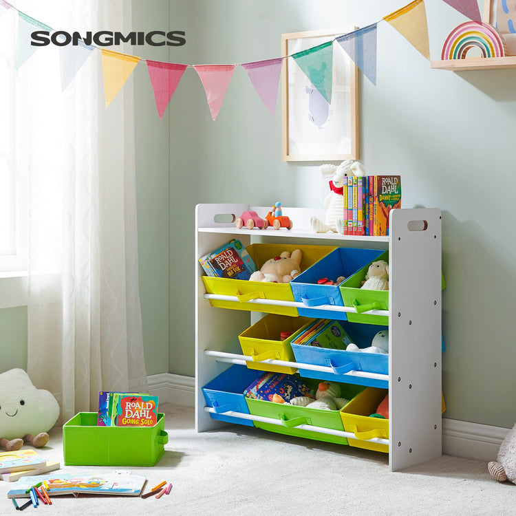 SONGMICS Toy Organiser with 9 Removable Non-Woven Fabric Bins, Kids Storage Unit and Bookshelf for Nursery Playroom, Wooden Frame with Shelf, White