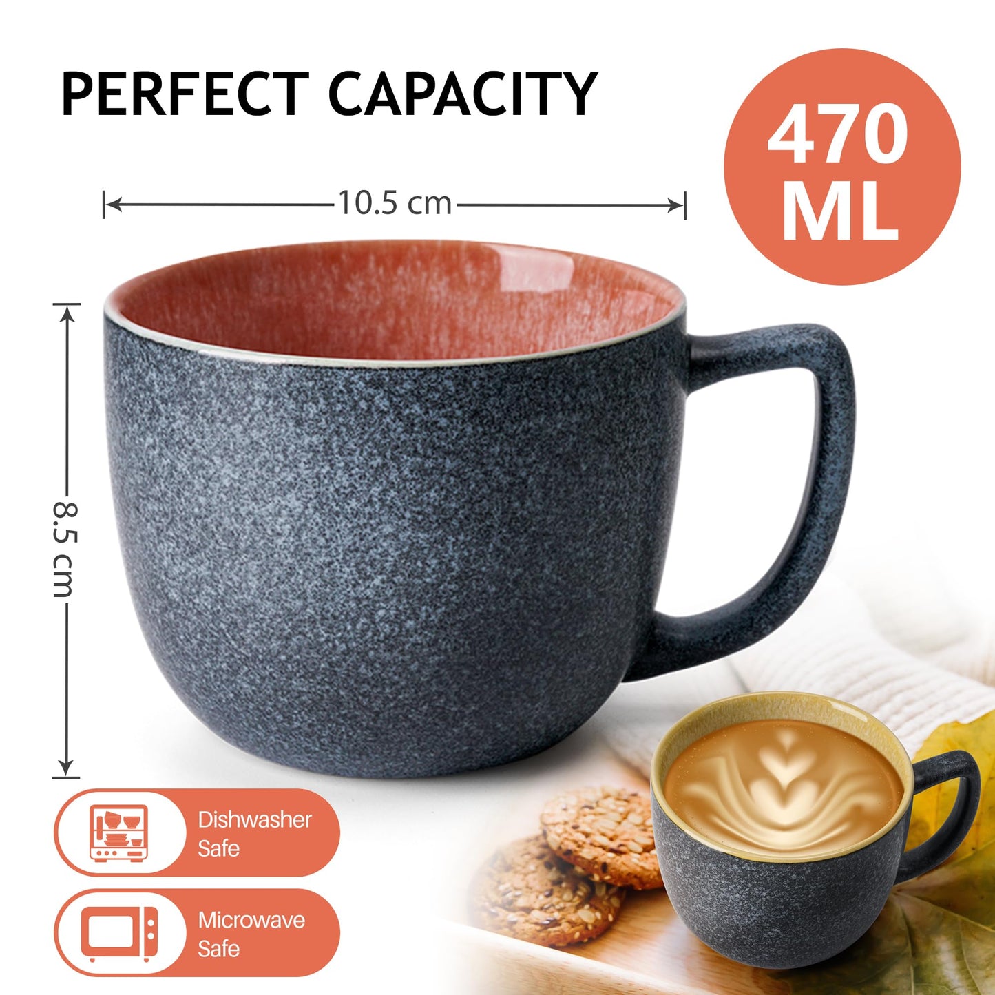 MIAMIO - 6 x 470 ml Coffee Cups/Mug Set/Coffee Cup Large/Modern Stoneware Coffee Mugs - Las Palmitas Collection