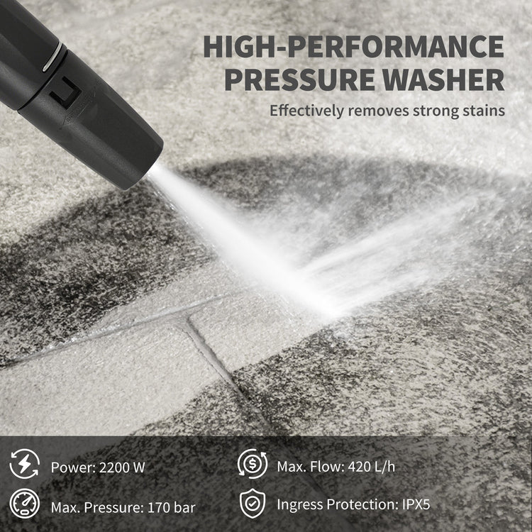 Outsunny 2200W High Pressure Washer, 170 Bar Pressure, 420 L/h Flow, Portable Electric Power Washer Jet Wash Cleaner with Adjustable Nozzle 6M Hose and Hose Reel for Home Patio Car Driveway
