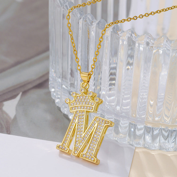 1PCS Fashionable Gold Diamond Crown Uppercase Letter Popular Pendant Necklace Suitable For Daily Use Festivals Parties Gifts Jewelry Set
