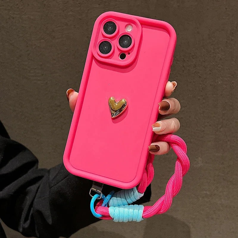 Silicone Phone Case With Lanyard Heart Design And Gold-plated Finish