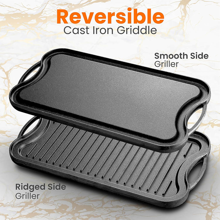 Nutrichef Reversible Cast Iron Griddle Pan 50.7cm x 25.7cm, Non-Stick Flat & Ridged Grill Plate for Hob, Oven & BBQ, Induction & Gas Safe,