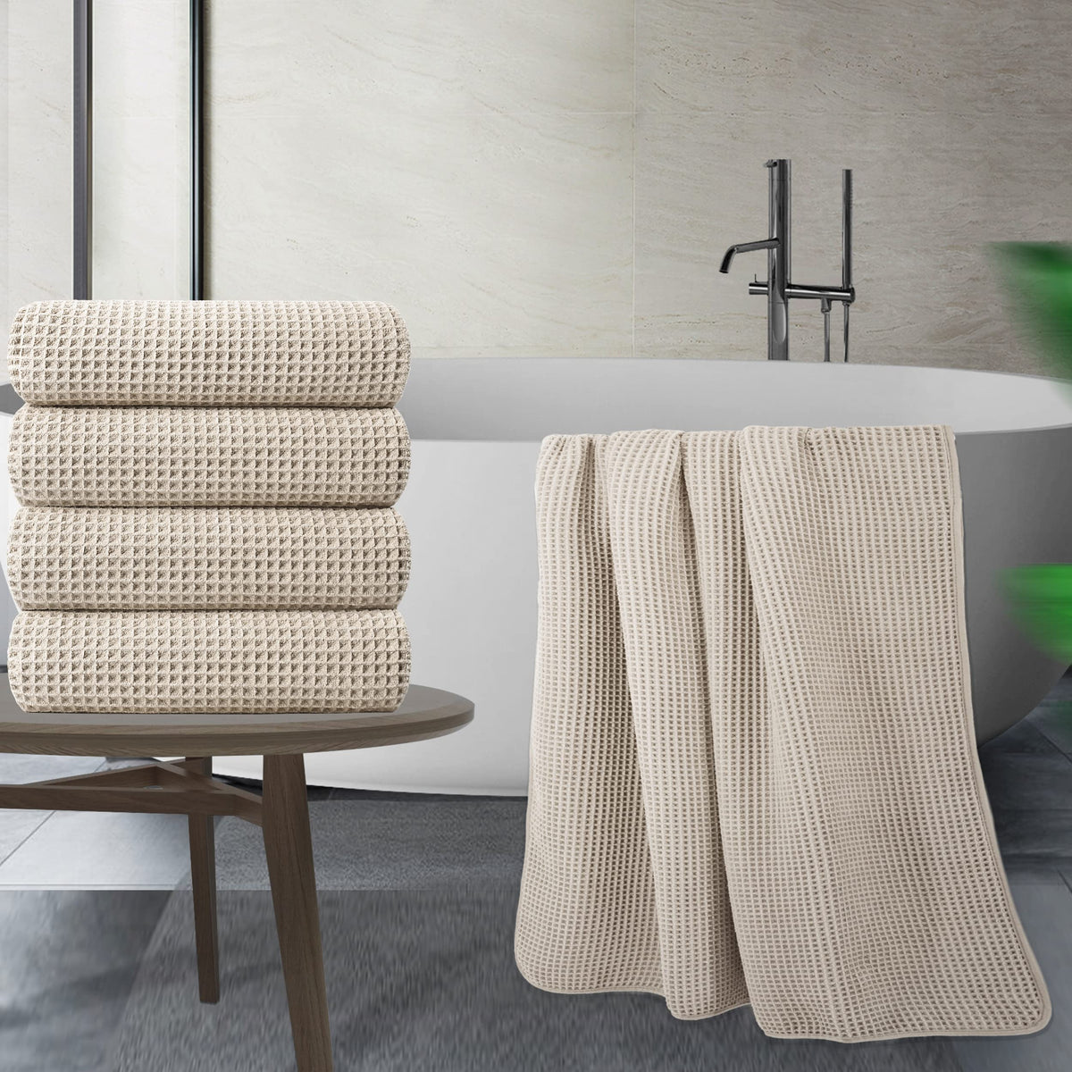 POLYTE Microfibre Oversize Quick Dry Lint Free Bath Towel, 152 x 76 cm, 4 Pack (Beige, Waffle Weave)