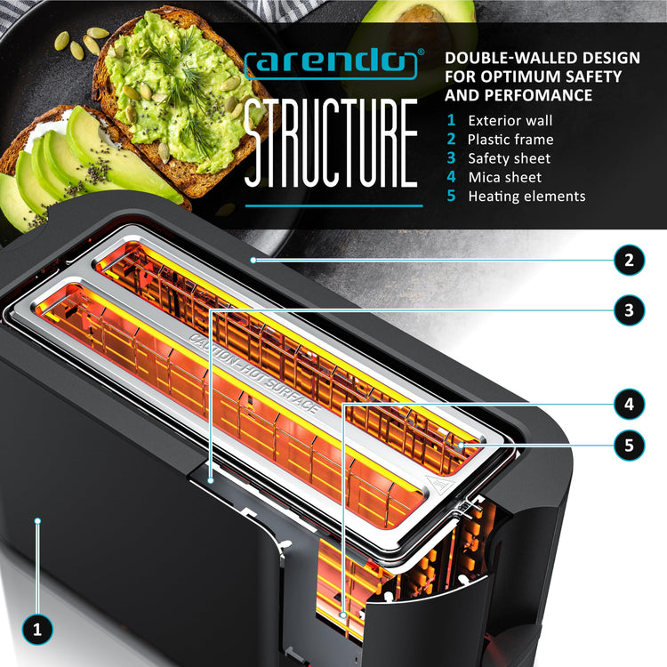 Arendo - 4 Slice Long Slot Toaster - Touch Panel - Remaining Time Display - Double Wall Housing with Warming Rack 7 Browning Settings Auto Bread