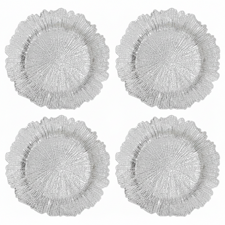 Set of Four 33cm Silver Finish Reef Charger Plates | Dia