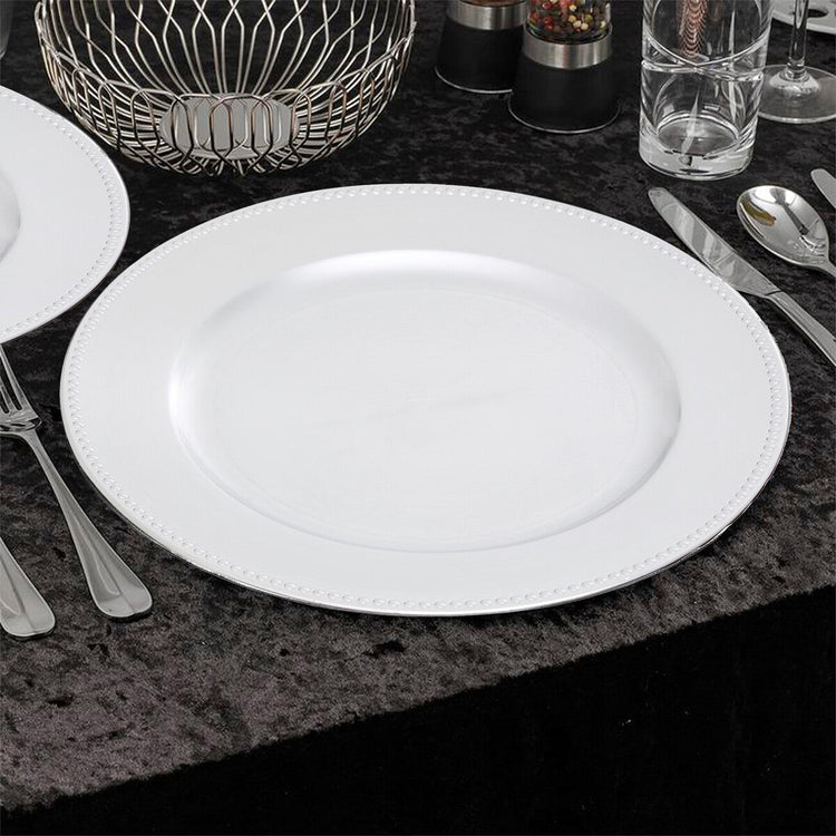 Set of Four 33cm Silver Finish Dotted Charger Plates | Dia