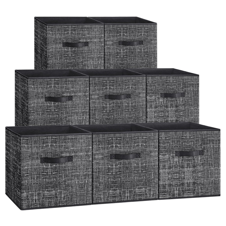 SONGMICS Storage Cubes, 33 cm Non-Woven Fabric Bins with Double Handles, Set of 8, Wardrobe Organisers for Shelves, Foldable, for Clothes, Ink Black
