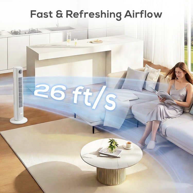 HOMCOM 28dB Tower Fan for Bedroom, 36 inch, 8 m/s Velocity Standing Cooling Fan with 80° Oscillating, BLDC Motor, 12 Speeds, LED Display, 4 Modes, 12H Timer, Remote Control, White