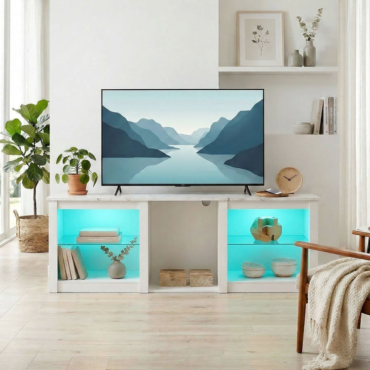 HOMCOM 70in TV Stand, with LED Lights and Storage - White