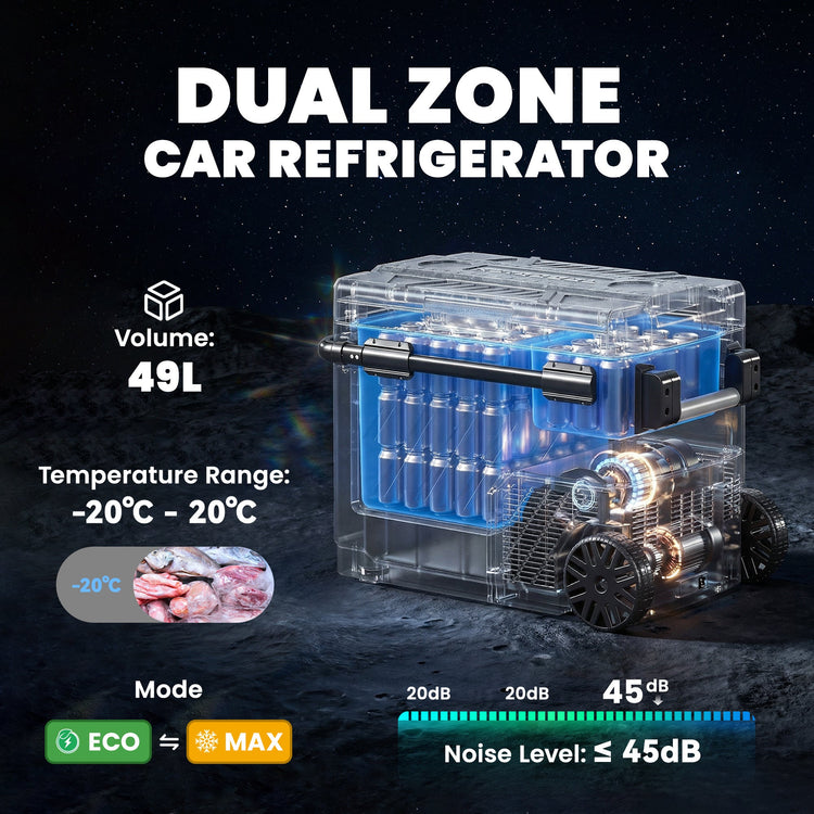 Outsunny 49L Compressor Car Fridge Freezer, Dual Zone Camping Refrigerator with App Control, Telescopic Handle, -20℃-20℃