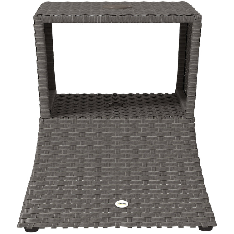 Outsunny Rattan Outdoor Coffee Table, Wicker Garden Patio Bistro Side Table with Umbrella Hole and Storage Space, Dark Grey
