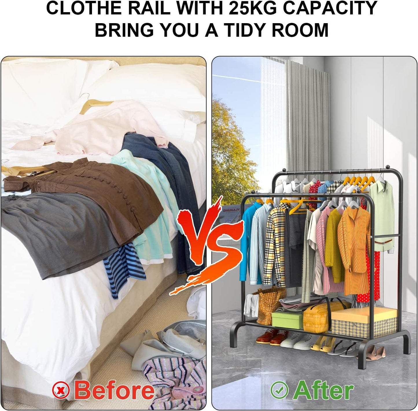 Heavy Duty Double Clothes Rail Hanging Rack Garment Stand Shoe Storage Steel