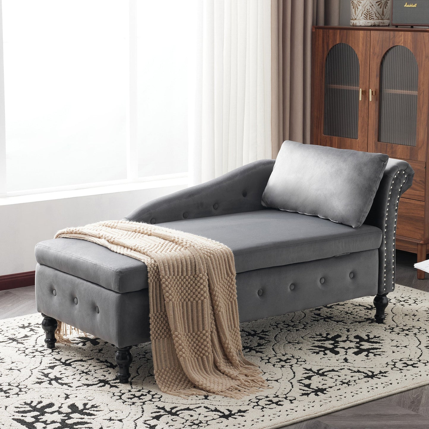 Velvet Chaise Lounge with Storage Right Arm Grey Upholstered Sofa Longue Chair