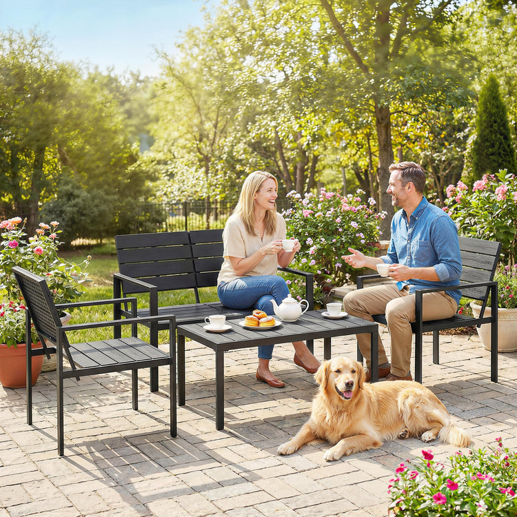Outsunny 4 Piece Garden Furniture Set, Outdoor Sofa Set with HDPE Slatted Loveseat Armchairs Coffee Table Metal Frame, Black