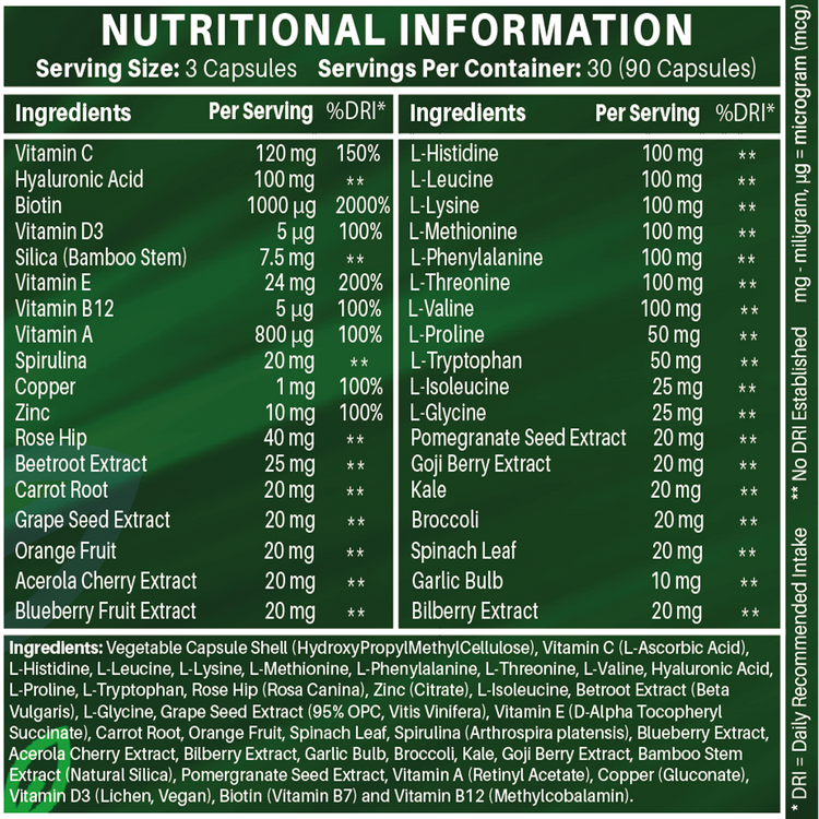 Advanced Vegan Collagen | Plant-Based Ingredients Including Essential Amino Acids | 90 Capsules | 1 Month | Hair, Skin, Nails and Joints | Collagen Supplements for Men & Women