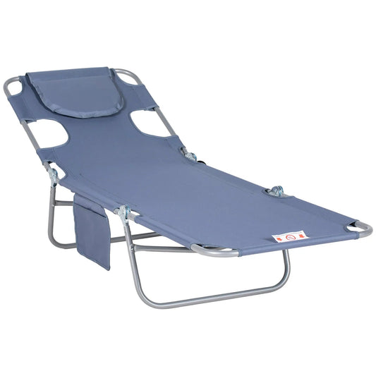 Outsunny Foldable Sun Lounger, Beach Chaise Lounge with Reading Hole, Arm Slots, 5-Position Adjustable Backrest, Side Pocket, Pillow for Patio, Garden, Beach, Pool, Grey