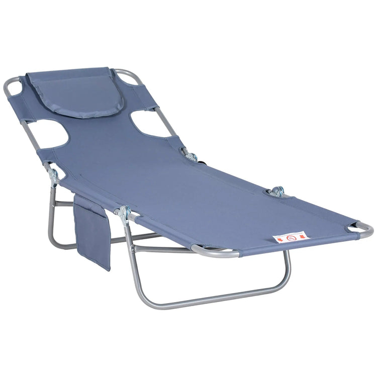 Outsunny Foldable Sun Lounger, Beach Chaise Lounge with Reading Hole, Arm Slots, 5-Position Adjustable Backrest, Side Pocket, Pillow for Patio, Garden, Beach, Pool, Grey
