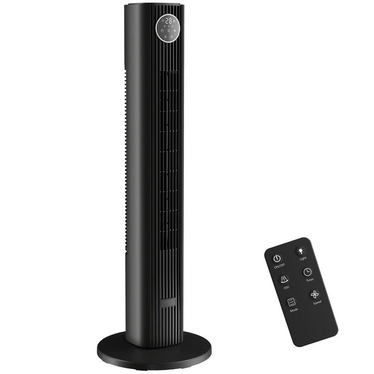 HOMCOM 28dB Tower Fan for Bedroom, 36 inch, 8 m/s Velocity Standing Cooling Fan with 80° Oscillating, BLDC Motor, 12 Speeds, LED Display, 4 Modes, 12H Timer, Remote Control, Black