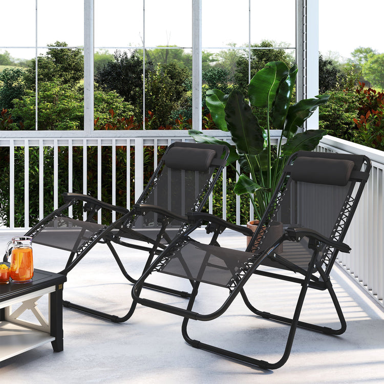 Outsunny Zero Gravity Chair Set of 2, Metal Frame Texteline Armchair Outdoor Folding and Reclining Sun Lounger with Head Pillow for Patio Decking Gardens Camping, Grey