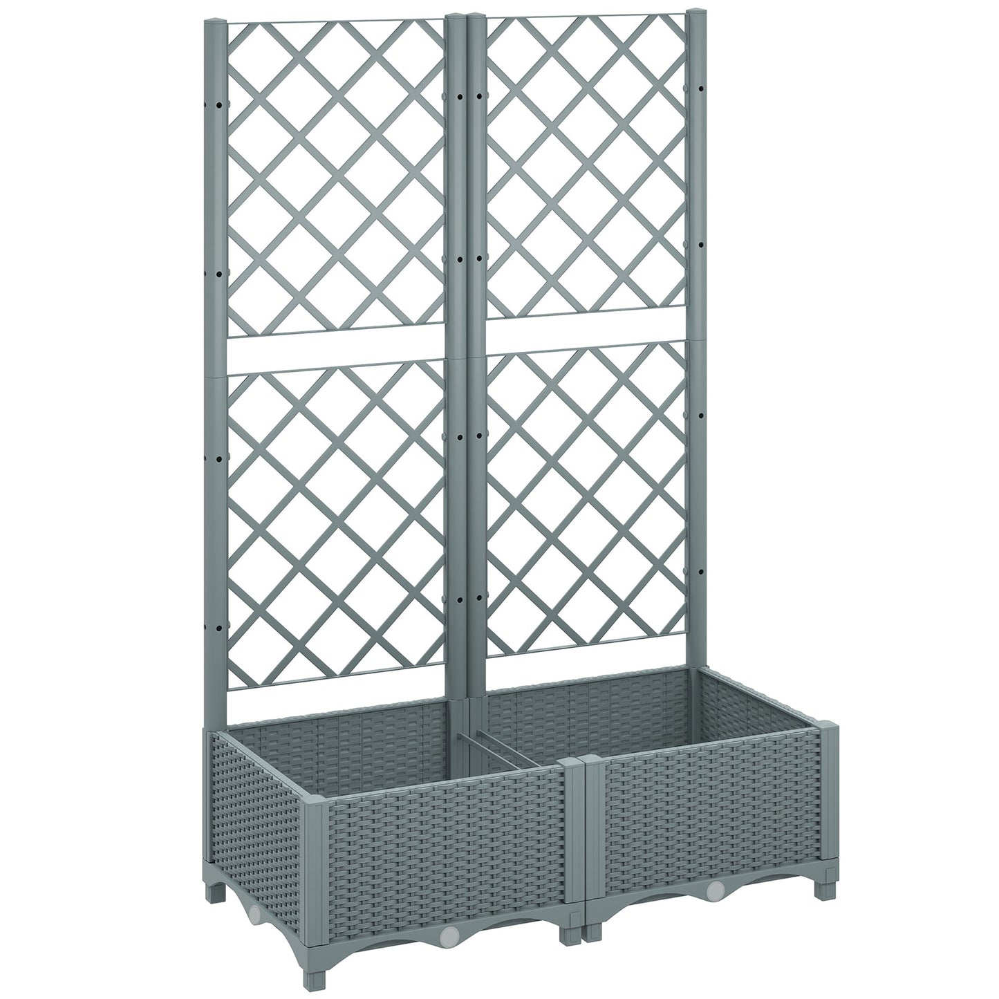 Outsunny Raised Garden Bed with Trellis, Plastic Planter Box with Drainage Holes, Drain Plugs and Water Reservoirs for Climbing Plants, Vegetables, Flowers, Grey