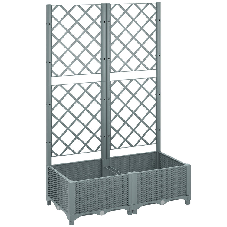 Outsunny Raised Garden Bed with Trellis, Plastic Planter Box with Drainage Holes, Drain Plugs and Water Reservoirs for Climbing Plants, Vegetables, Flowers, Grey