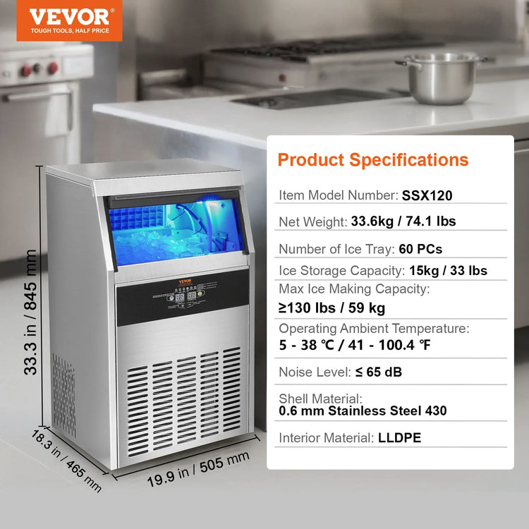 VEVOR Commercial Ice Maker 110lbs/24H 60 Ice Cubes in 12-15 Minutes 33lbs Storage Capacity LED Digital Display