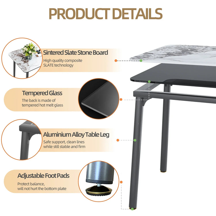 Ink Texture Sintered Stone & Glass Top Kitchen Dining Table No Chairs Rectangle Slate Dinner Table for Restaurant Cafe 1.4/1.6M