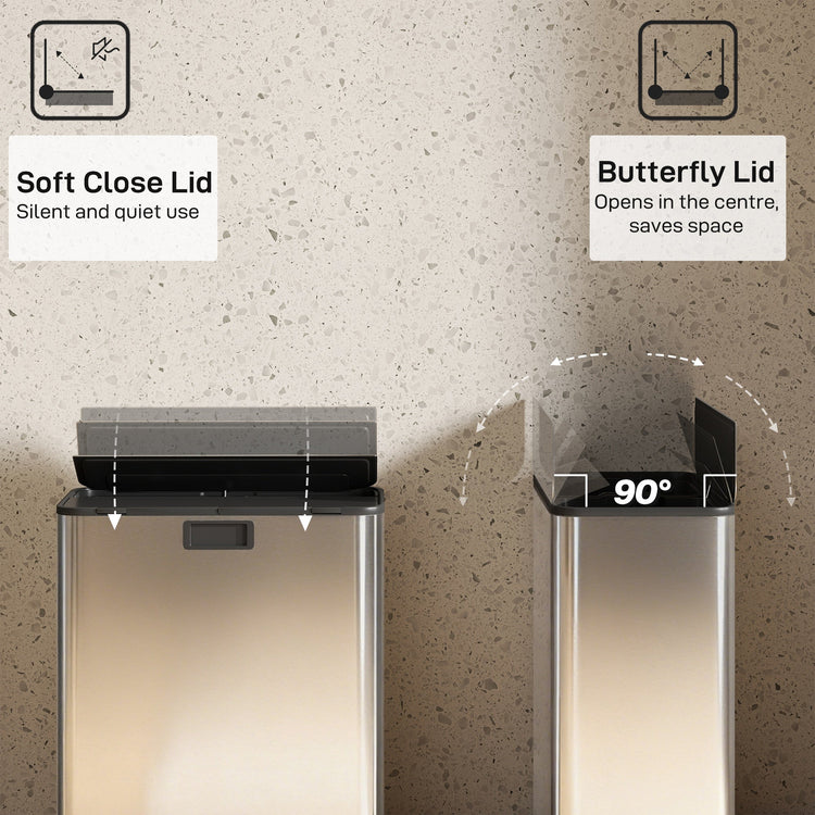 HOMCOM Dual Kitchen Bin with Soft-Close Butterfly Lid, 2 x 28L Stainless Steel Pedal Bin with Removable Inner Buckets, Fingerprint-Proof for Recycling and Waste, Silver Tone