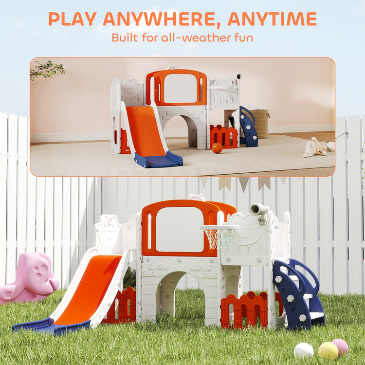 AIYAPLAY 7 in 1 Toddler Slide Set with Basketball Hoop, Climbing Frame, Telescope, Drawing Board, Storage Box, Orange