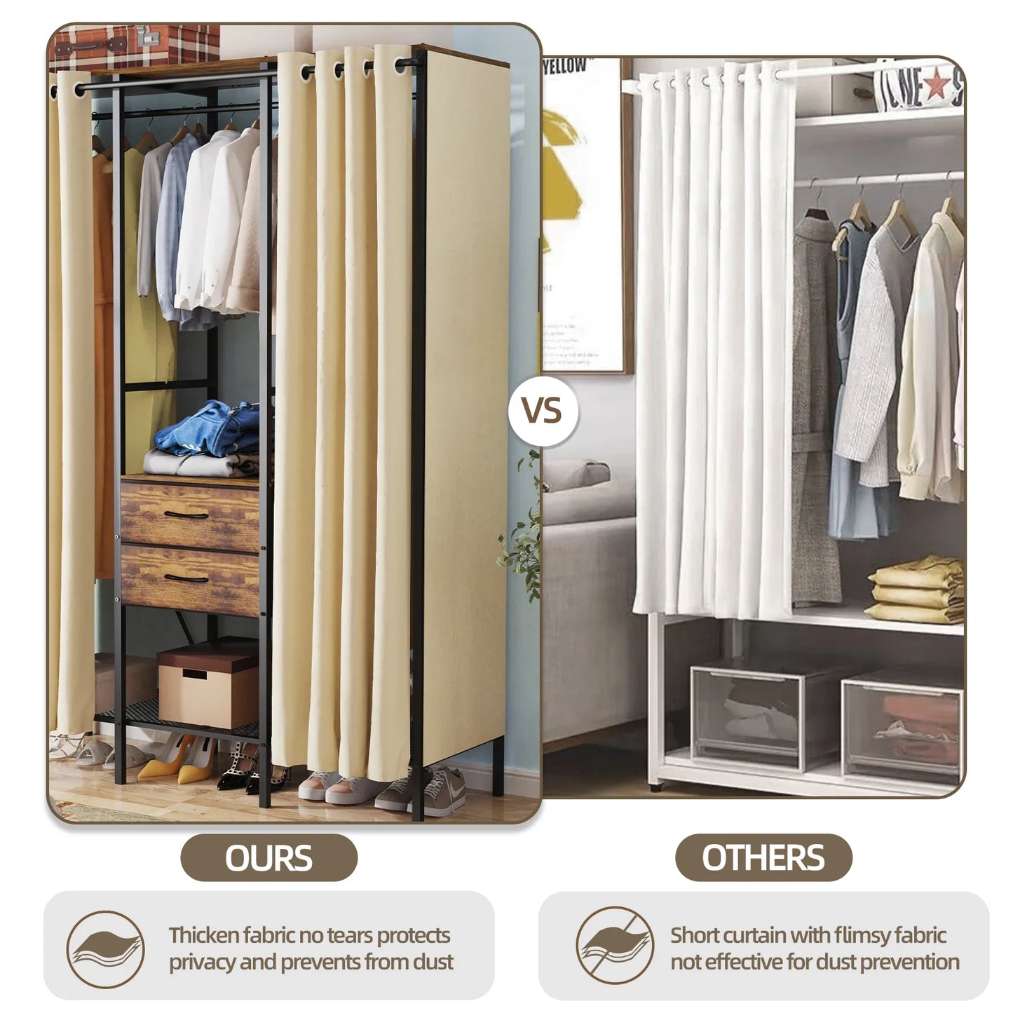 Industrial Coat Rack Stand, Open Wardrobe, Clothes Rail with 2 Drawer and Shelves, Bedroom Storage, Hanging Bar, XXL