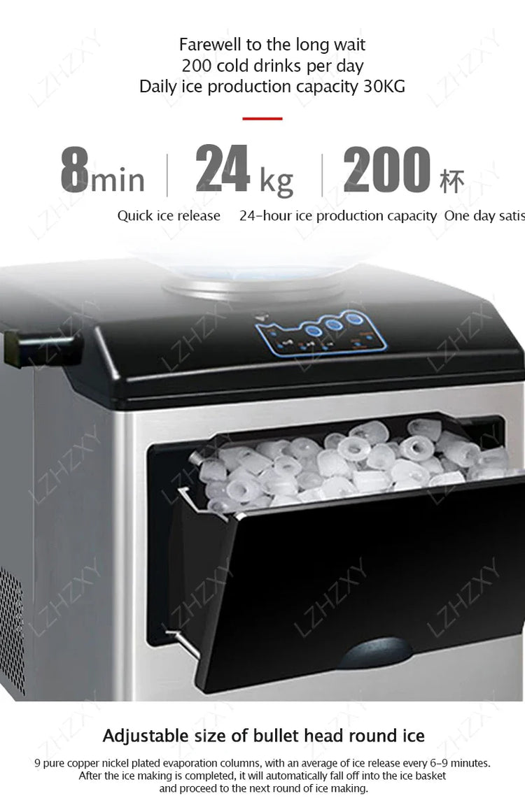 Commercial Ice Machine 25KG Desktop Multifunctional Bucket of Water Automatic Ice Machine Bullet-shaped Round Ice Home Appliance