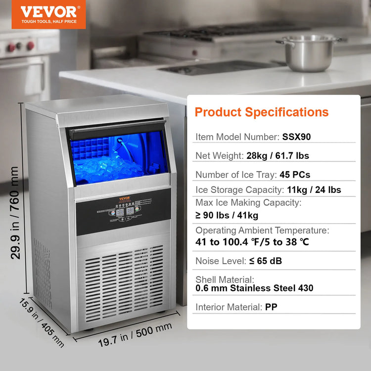 VEVOR Commercial Ice Maker 110lbs/24H 60 Ice Cubes in 12-15 Minutes 33lbs Storage Capacity LED Digital Display
