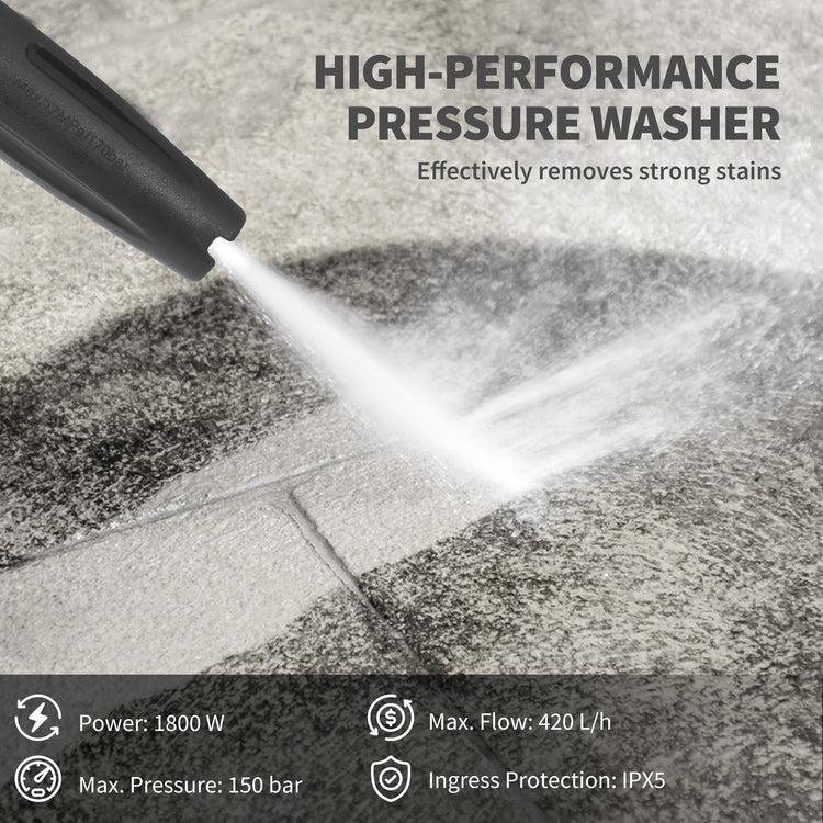 Outsunny 1800W High Pressure Washer, 150 Bar Pressure, 420 L/h Flow, Portable Electric Power Washer Jet Wash Cleaner with Adjustable Nozzle, 6M Hose, Steel Handle for Home Patio Car Driveway, Blue