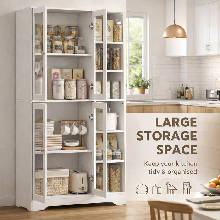 HOMCOM Multi-Storage Kitchen Cabinet, with Glass Doors - White Wood-Effect